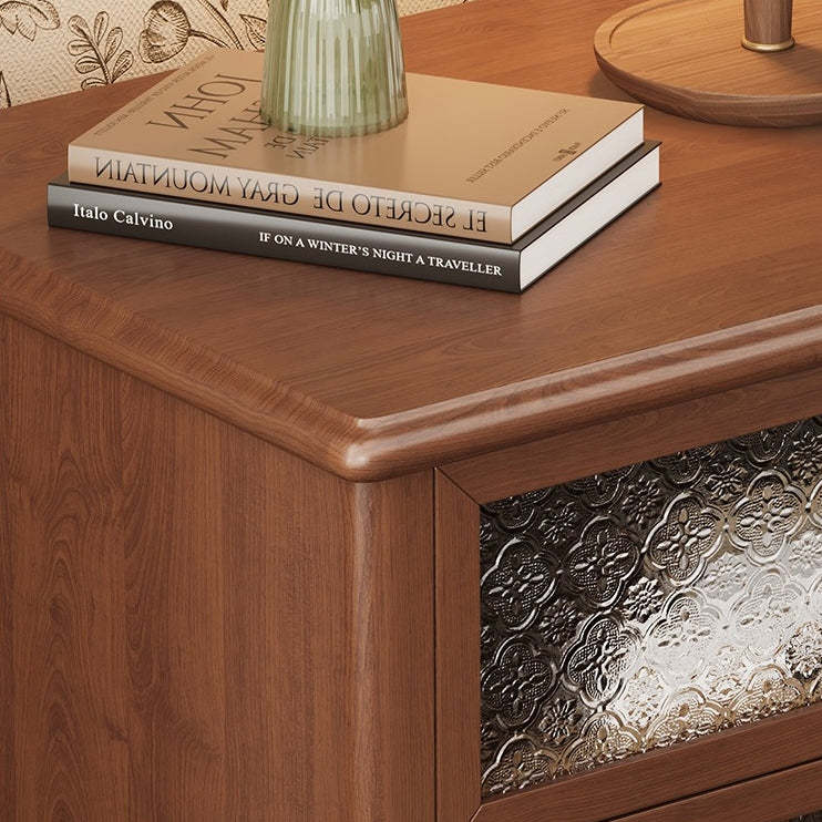 Vintage Carved Glass Wood Nightstand 2-Drawer