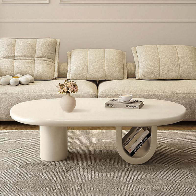French Oval Engineered Wood Coffee Table with Storage — White
