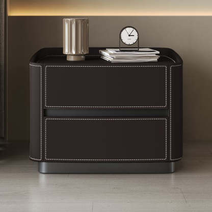 Minimalist Solid Wood Saddle Leather 2-Drawer Nightstand