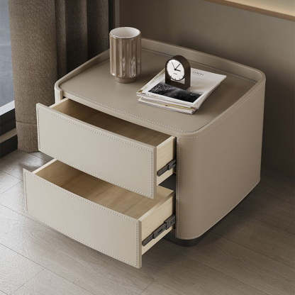 Minimalist Solid Wood Saddle Leather 2-Drawer Nightstand