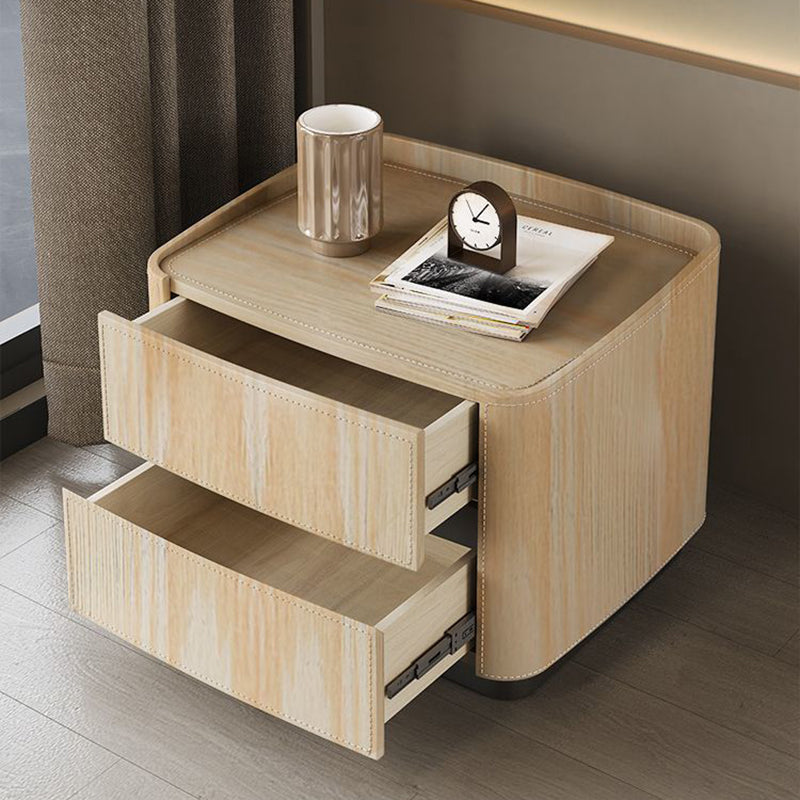 Minimalist Solid Wood Saddle Leather 2-Drawer Nightstand