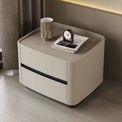 Minimalist Solid Wood Saddle Leather 2-Drawer Nightstand — B