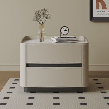 Minimalist Solid Wood Saddle Leather 2-Drawer Nightstand — C