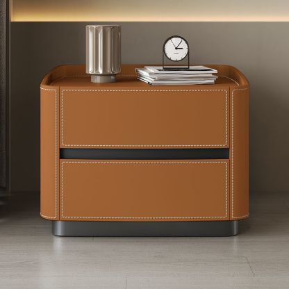 Minimalist Solid Wood Saddle Leather 2-Drawer Nightstand