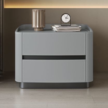 Minimalist Solid Wood Saddle Leather 2-Drawer Nightstand