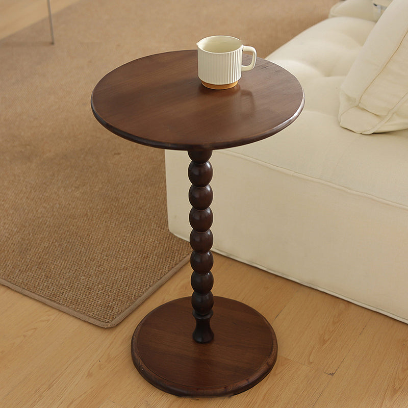 French Round Wood 1-Leg Side Table — Walnut Color