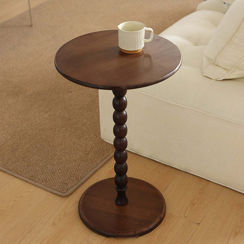 French Round Wood 1-Leg Side Table — Walnut Color