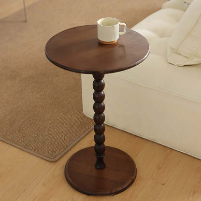 French Round Wood 1-Leg Side Table — Walnut Color