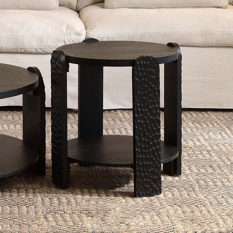 Mid-Century Black Wood Grain Round Side Table