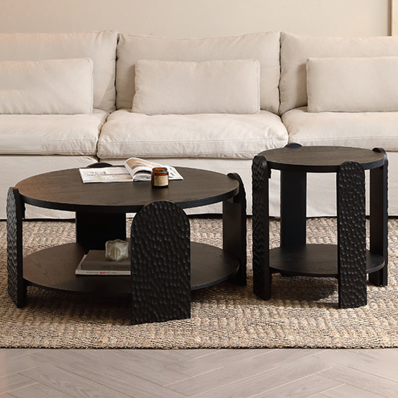 Mid-Century Black Wood Grain Round Side Table