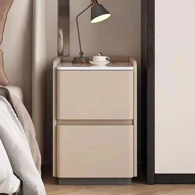 Minimalist Stone Wood Leather 2-Drawer Nightstand — Cream White