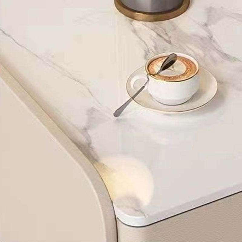 Minimalist Stone Wood Leather 2-Drawer Nightstand — Khaki