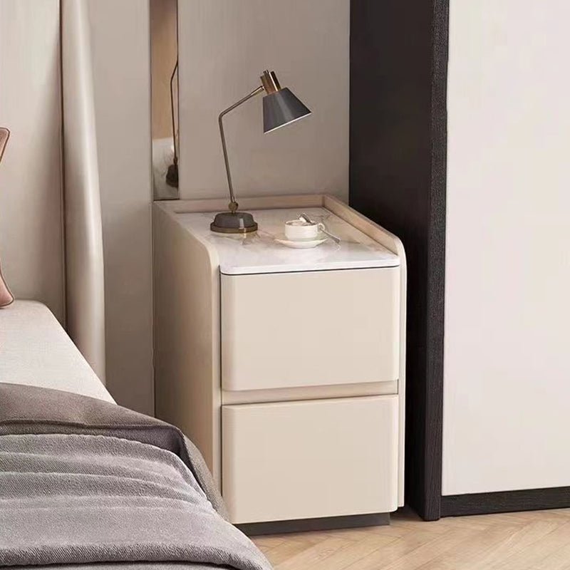 Minimalist Stone Wood Leather 2-Drawer Nightstand