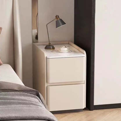 Minimalist Stone Wood Leather 2-Drawer Nightstand
