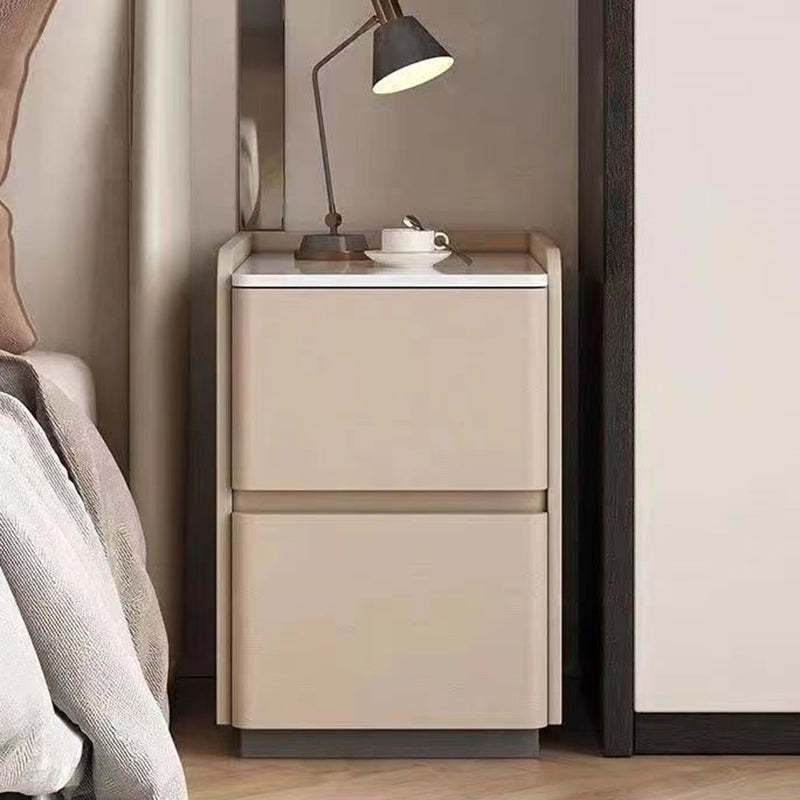 Minimalist Stone Wood Leather 2-Drawer Nightstand — Cream White