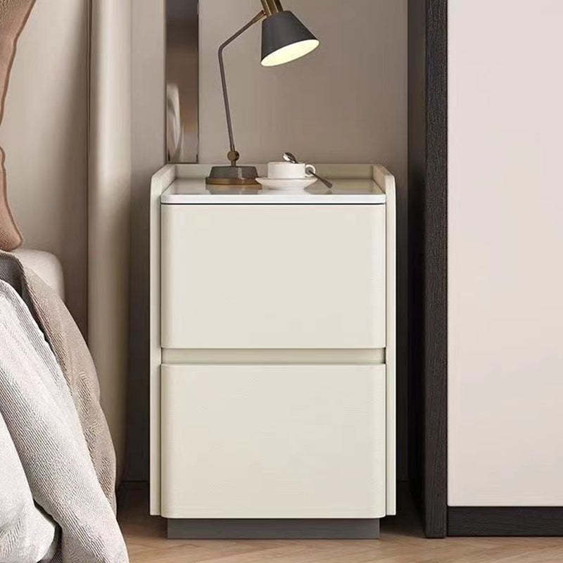 Minimalist Stone Wood Leather 2-Drawer Nightstand — Beige