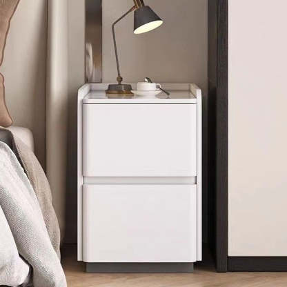 Minimalist Stone Wood Leather 2-Drawer Nightstand — Light Gray