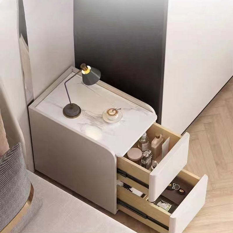 Minimalist Stone Wood Leather 2-Drawer Nightstand