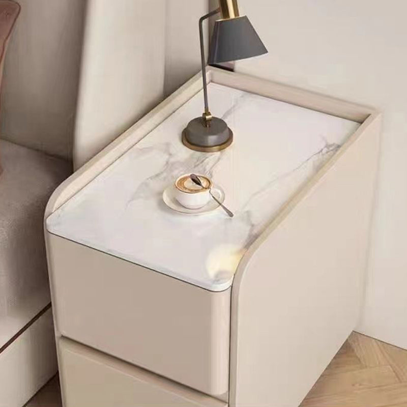 Minimalist Stone Wood Leather 2-Drawer Nightstand — Champagne Gray