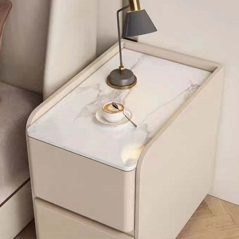 Minimalist Stone Wood Leather 2-Drawer Nightstand — Champagne Gray