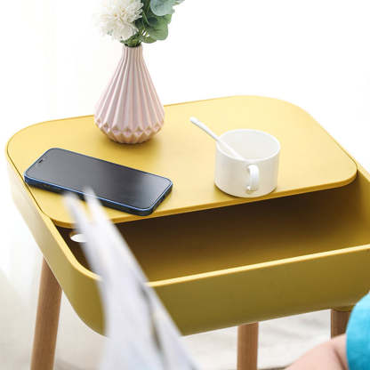 Minimalist Plastic 1-Drawer Nightstand with Solid Wood Legs — Green