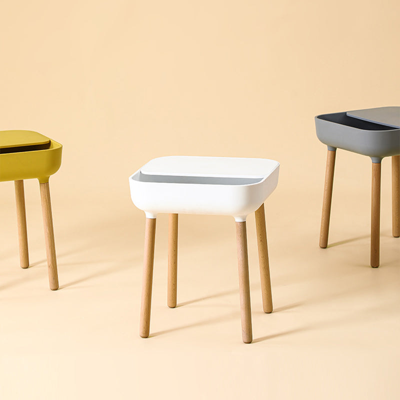 Minimalist Plastic 1-Drawer Nightstand with Solid Wood Legs