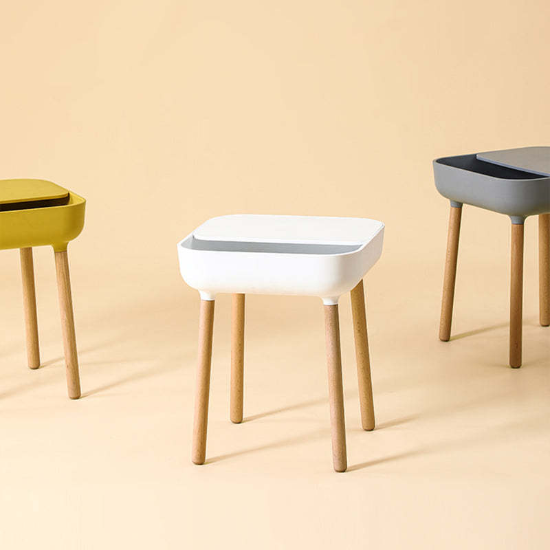 Minimalist Plastic 1-Drawer Nightstand with Solid Wood Legs