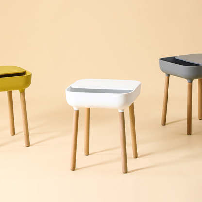 Minimalist Plastic 1-Drawer Nightstand with Solid Wood Legs