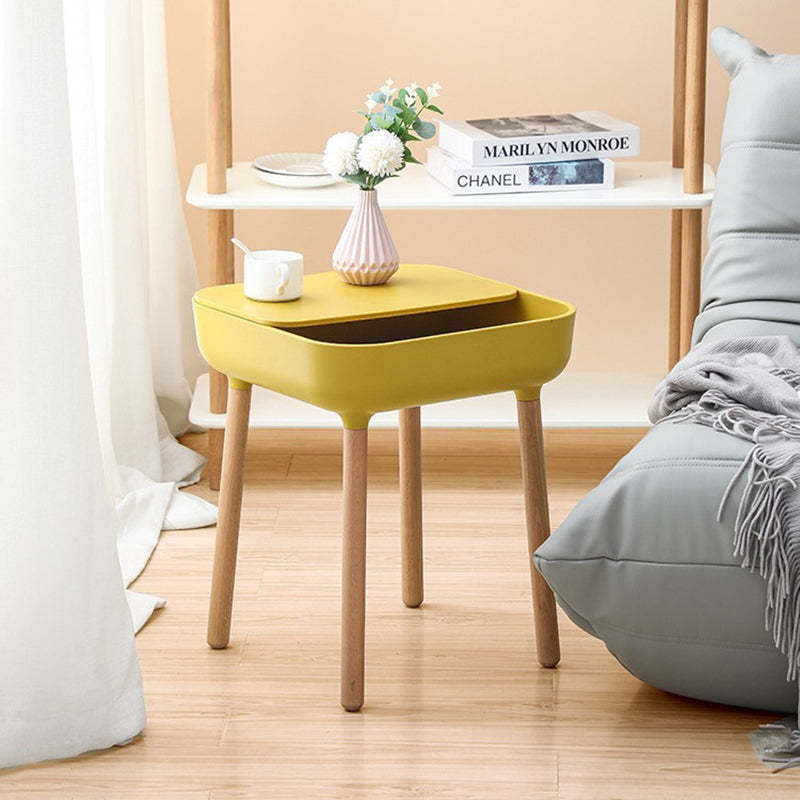 Minimalist Plastic 1-Drawer Nightstand with Solid Wood Legs