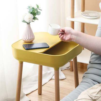 Minimalist Plastic 1-Drawer Nightstand with Solid Wood Legs