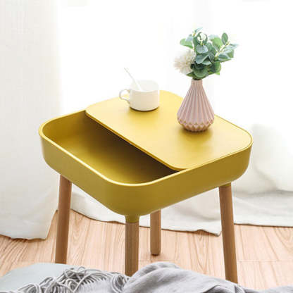 Minimalist Plastic 1-Drawer Nightstand with Solid Wood Legs