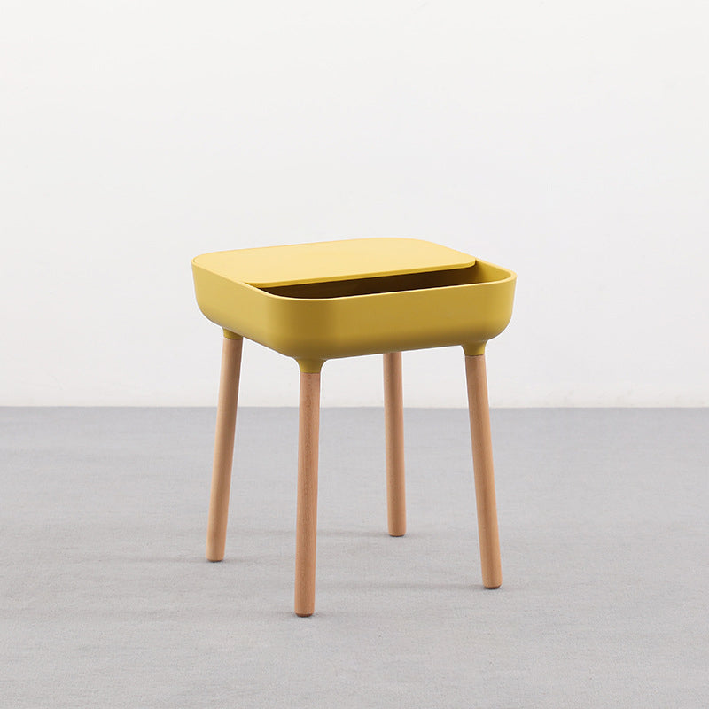 Minimalist Plastic 1-Drawer Nightstand with Solid Wood Legs