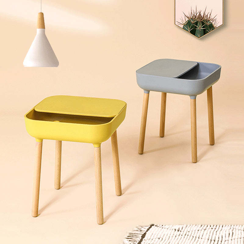 Minimalist Plastic 1-Drawer Nightstand with Solid Wood Legs — Gray