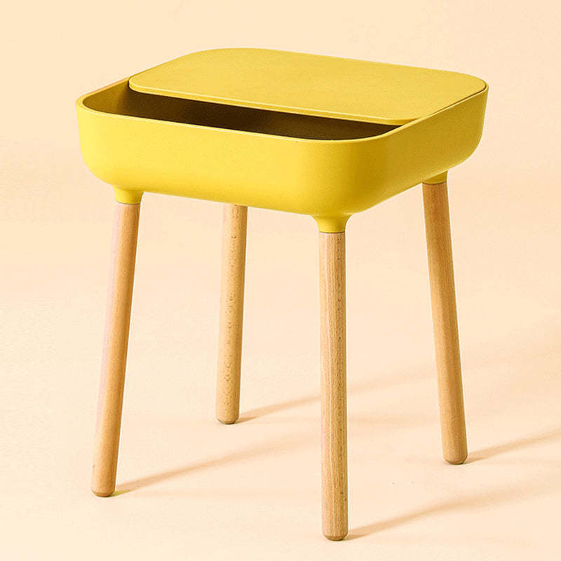 Minimalist Plastic 1-Drawer Nightstand with Solid Wood Legs