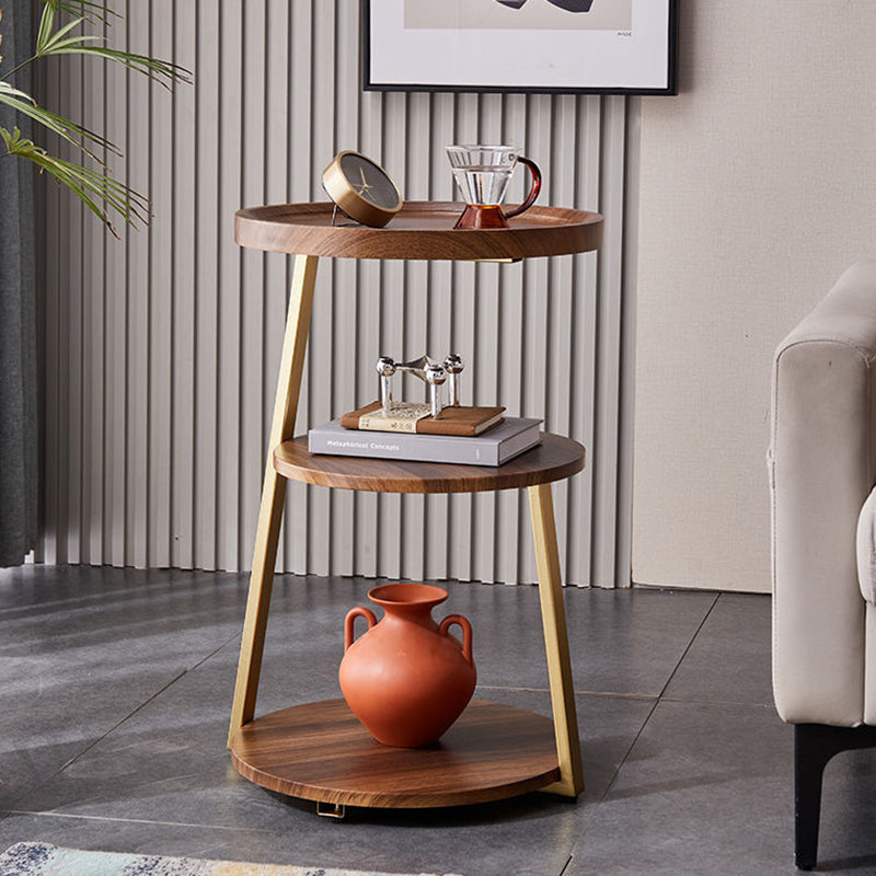 Minimalist Metal Wood 3-Tier Round Coffee Table — Walnut Color