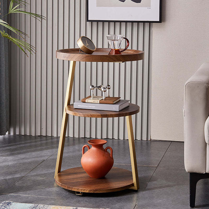 Minimalist Metal Wood 3-Tier Round Coffee Table — Walnut Color