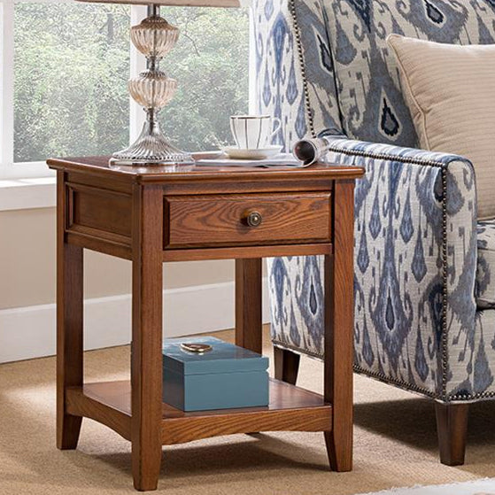 European Solid Wood 2-Tier End Table — Double Drawer - Preassembled / Light Walnut Color