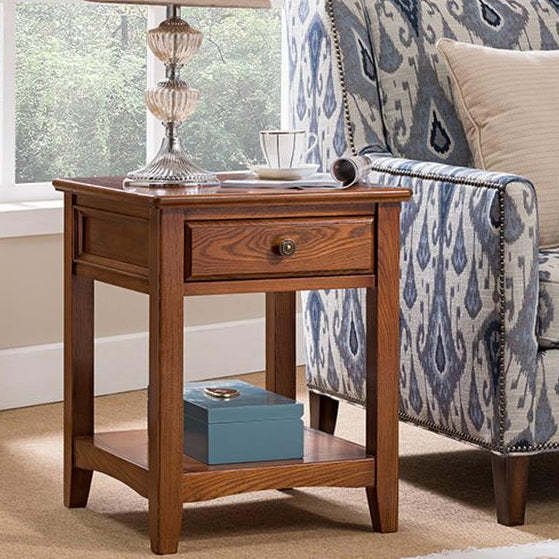 European Solid Wood 2-Tier End Table — Double Drawer - Preassembled / Light Walnut Color