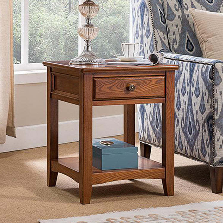 European Solid Wood 2-Tier End Table — Single Drawer - Full Assembly Needed / Dark Walnut Color