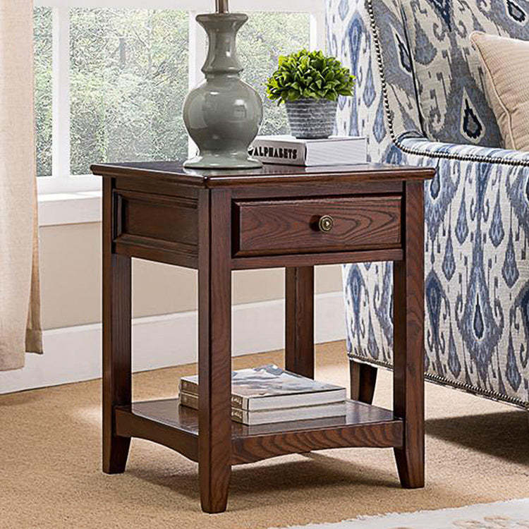 European Solid Wood 2-Tier End Table — Single Drawer - Full Assembly Needed / Light Walnut Color