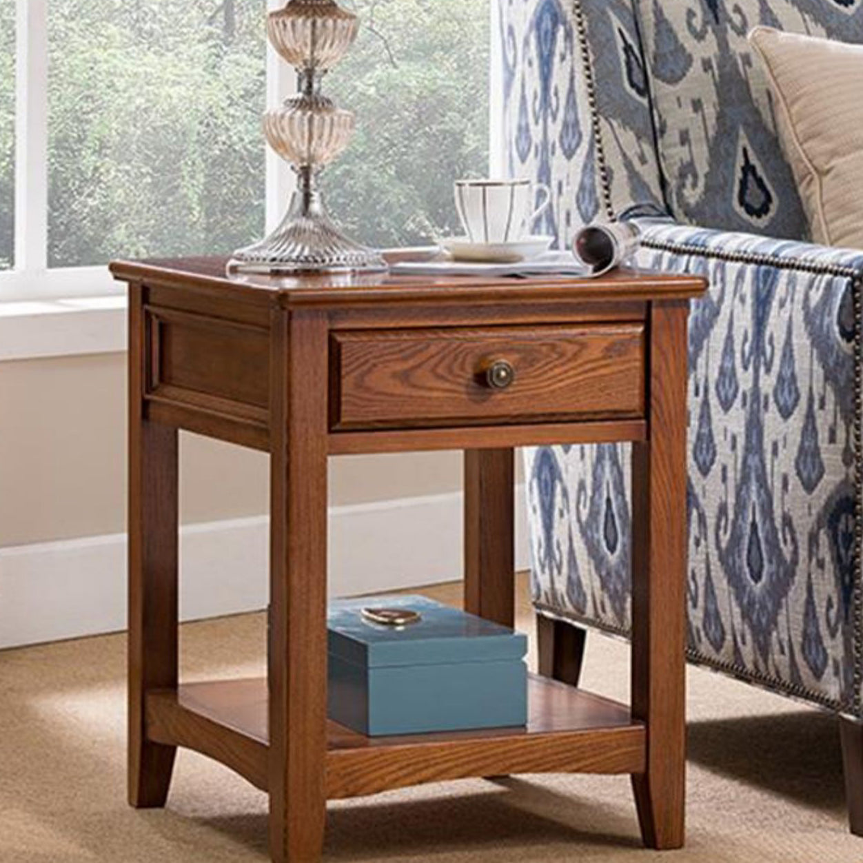 European Solid Wood 2-Tier End Table — Double Drawer - Preassembled / Dark Walnut Color