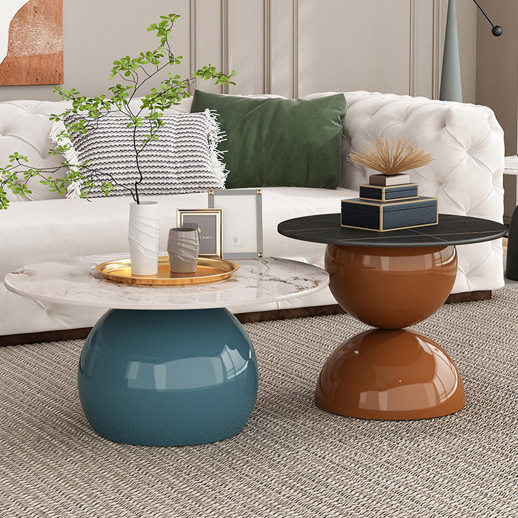 Contemporary Cream Rock Slab Metal Round End Table 1-Tier — Short - Pandora White Rock + Brown