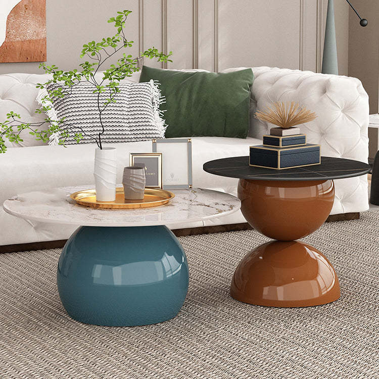 Contemporary Cream Rock Slab Metal Round End Table 1-Tier — Short - Pandora White Rock + Brown