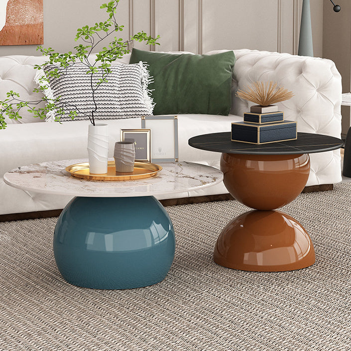 Contemporary Cream Rock Slab Metal Round End Table 1-Tier
