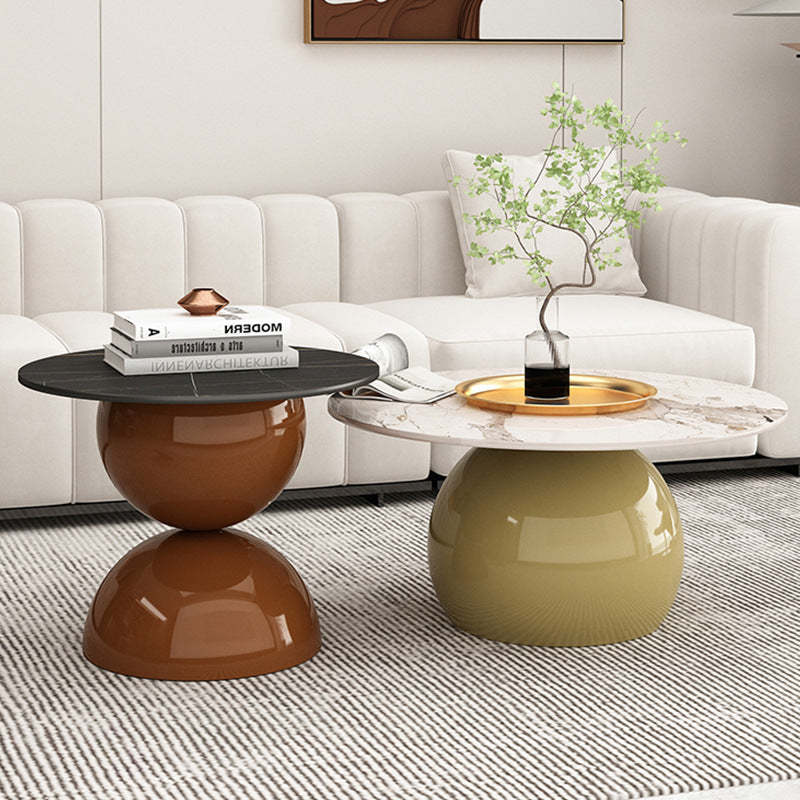 Contemporary Cream Rock Slab Metal Round End Table 1-Tier — Tall - Lauren Black Gold + Black