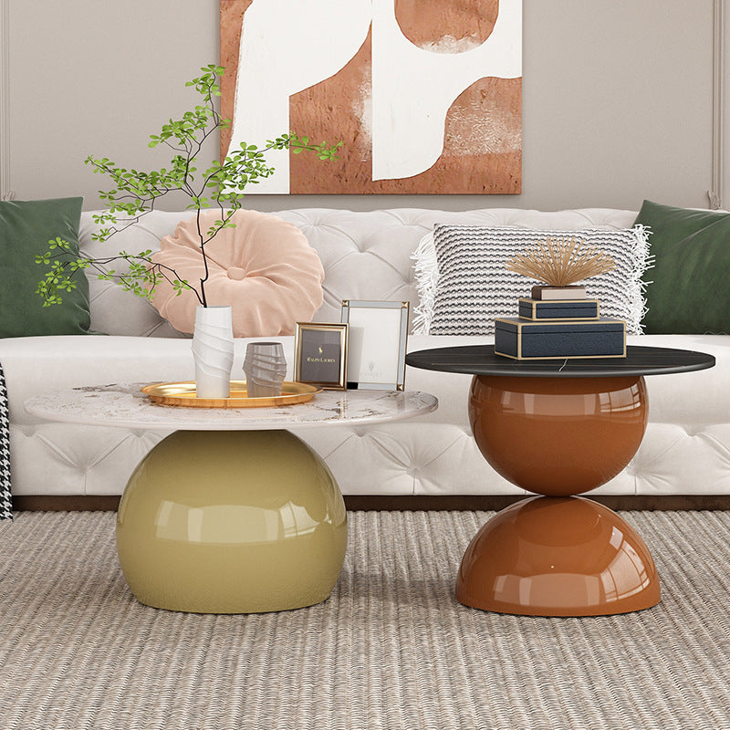 Contemporary Cream Rock Slab Metal Round End Table 1-Tier