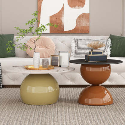Contemporary Cream Rock Slab Metal Round End Table 1-Tier