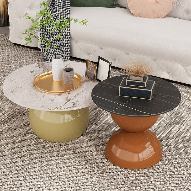 Contemporary Cream Rock Slab Metal Round End Table 1-Tier — Tall - Lauren Black Gold + Brown