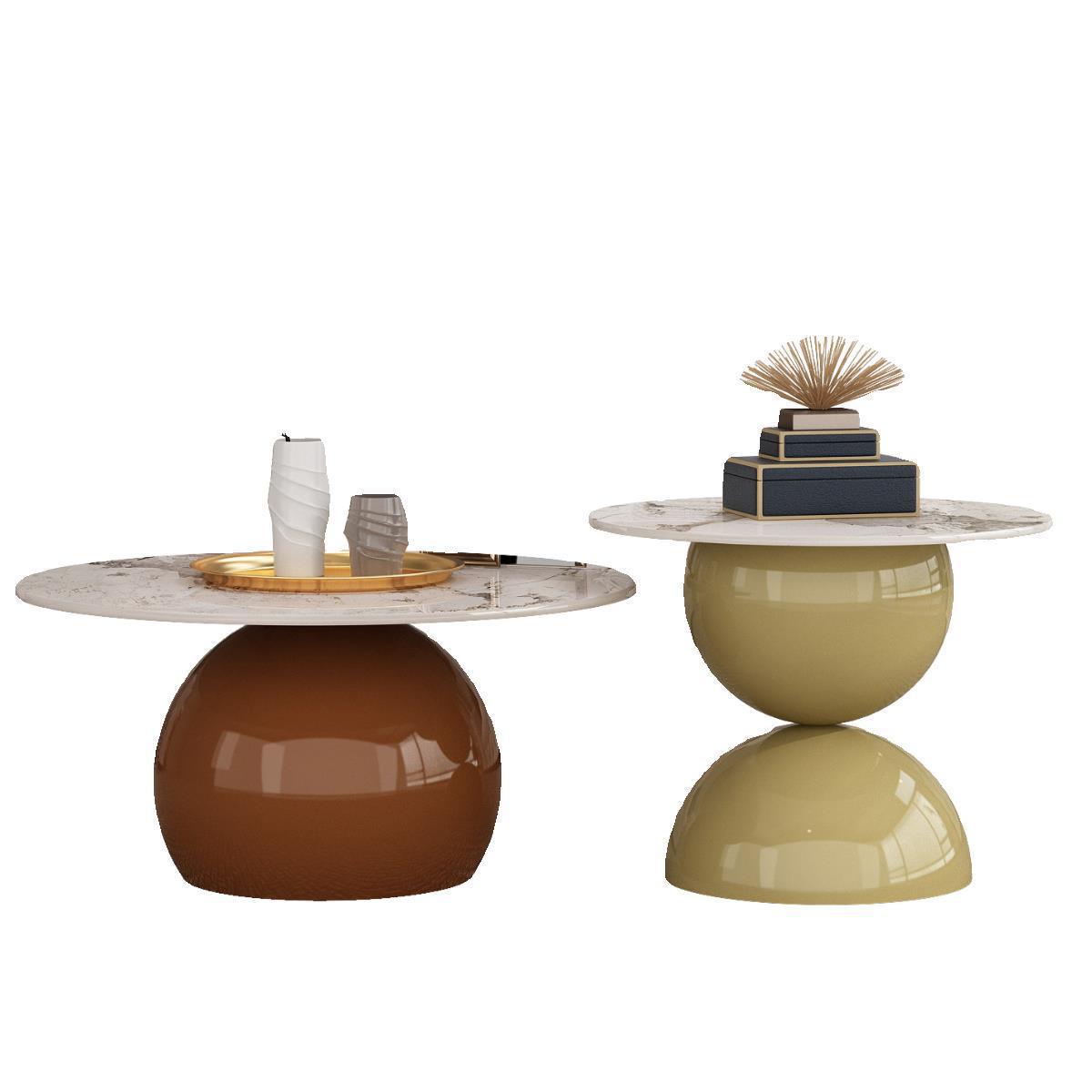 Contemporary Cream Rock Slab Metal Round End Table 1-Tier