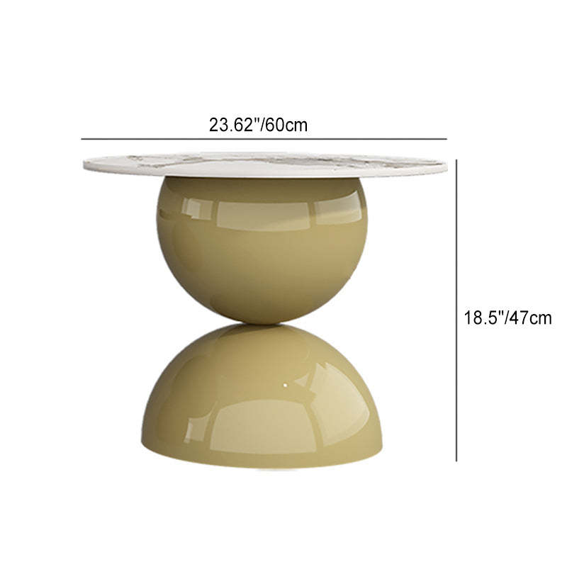 Contemporary Cream Rock Slab Metal Round End Table 1-Tier — Short - Pandora White Rock + Cream Color
